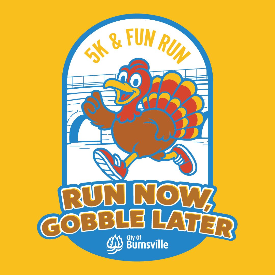 Run Now, Gobble Later 5K graphic with running turkey cartoon