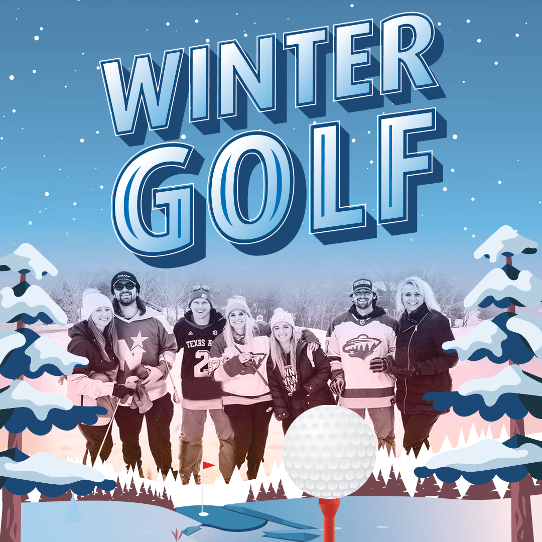 Cartoon golf course in winter with snow and a sunset