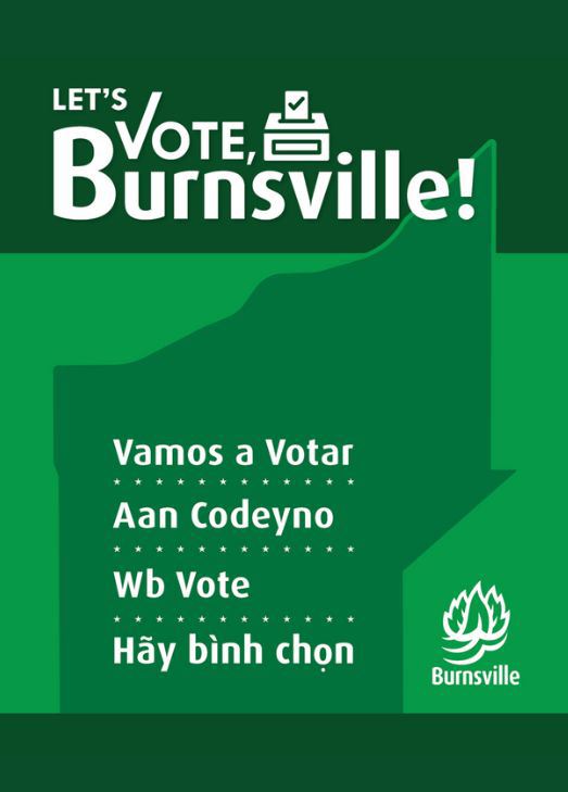 Headline: Let's Vote Burnsville in English and multiple languages, green Minnesota outline