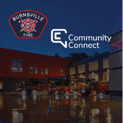 Community Connect headline with exterior photo of fire station and fire trucks
