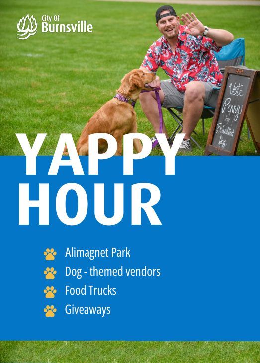 Man waving at camera with golden retriever dog Text: Yappy Hour