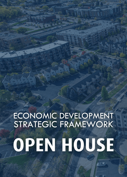 overhead view of Burnsville with Economic development open house text. 