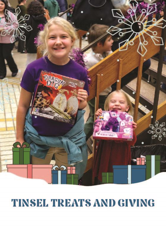 Two girls holding toys with Tinsel Treats and Giving text on a snow a present graphic
