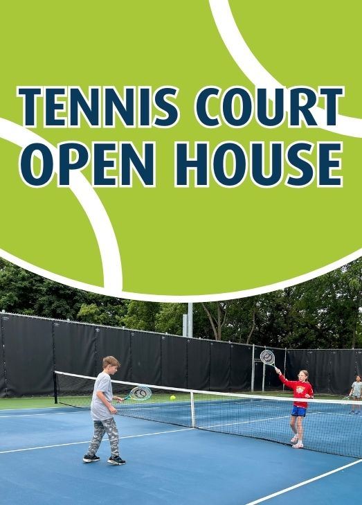 kids playing tennis with tennis court open house text